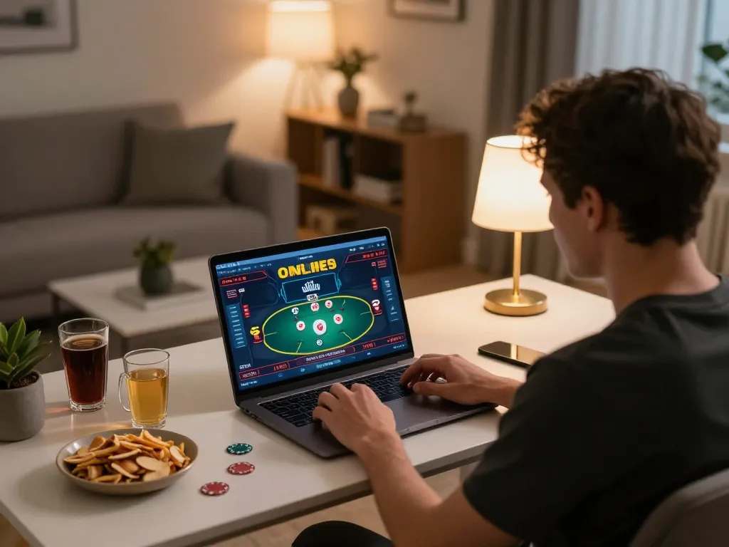 A player engaging in go99 online casino gameplay at a stylish home setup, showcasing interactive poker action.