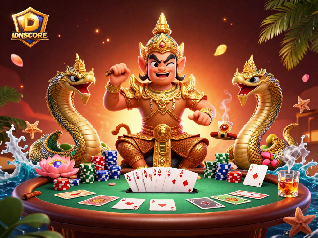 Play exciting poker games with loyalty points at IDNSCORE, featuring vibrant characters and dynamic elements.