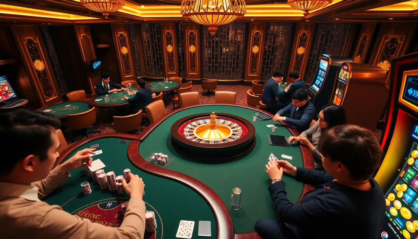 A vibrant scene of TRANG CHỦ LUCK8 displaying players at poker tables with a roulette wheel in a rich casino setting.