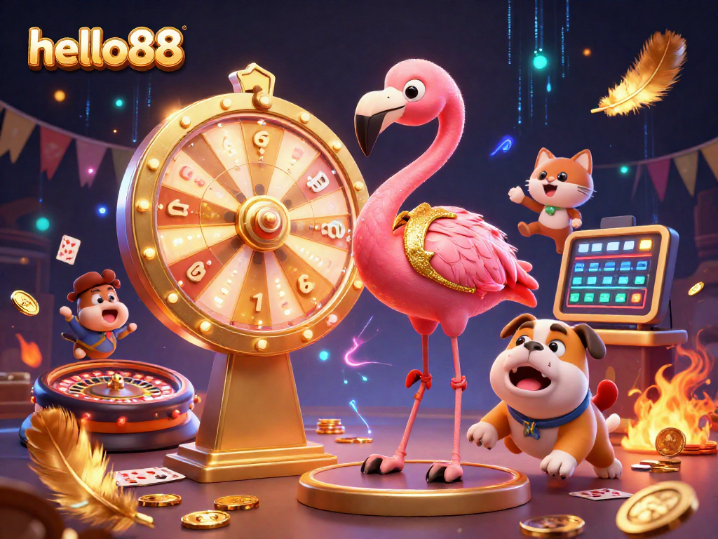 Engage in thrilling games with hello88, showcasing a vibrant 3D scene of a game show host and exciting live casino action.