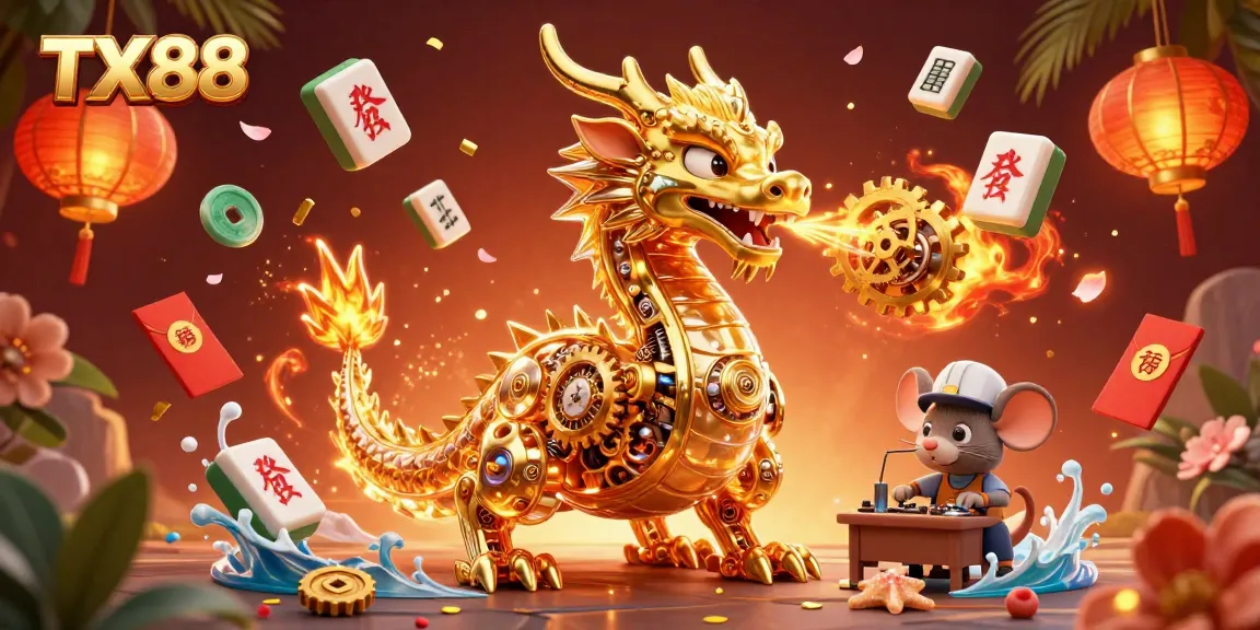 Engage with TX88, showcasing a vibrant 3D dragon and interactive game elements in an animated casino scene.