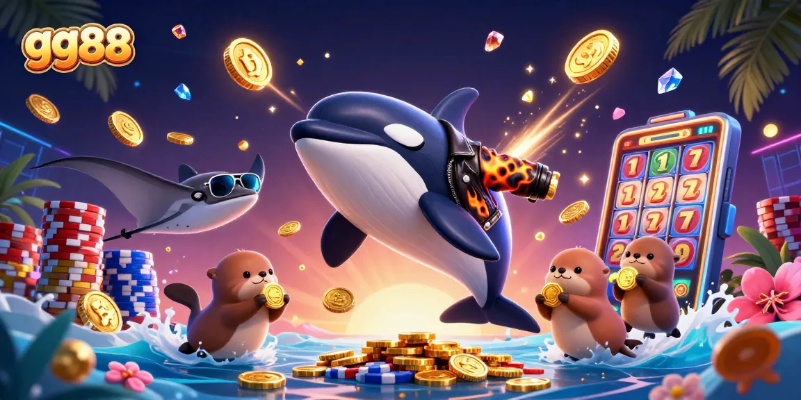Engage in thrilling game action with gg88 featuring an orca, stingray, and otters in a vibrant casino scene.