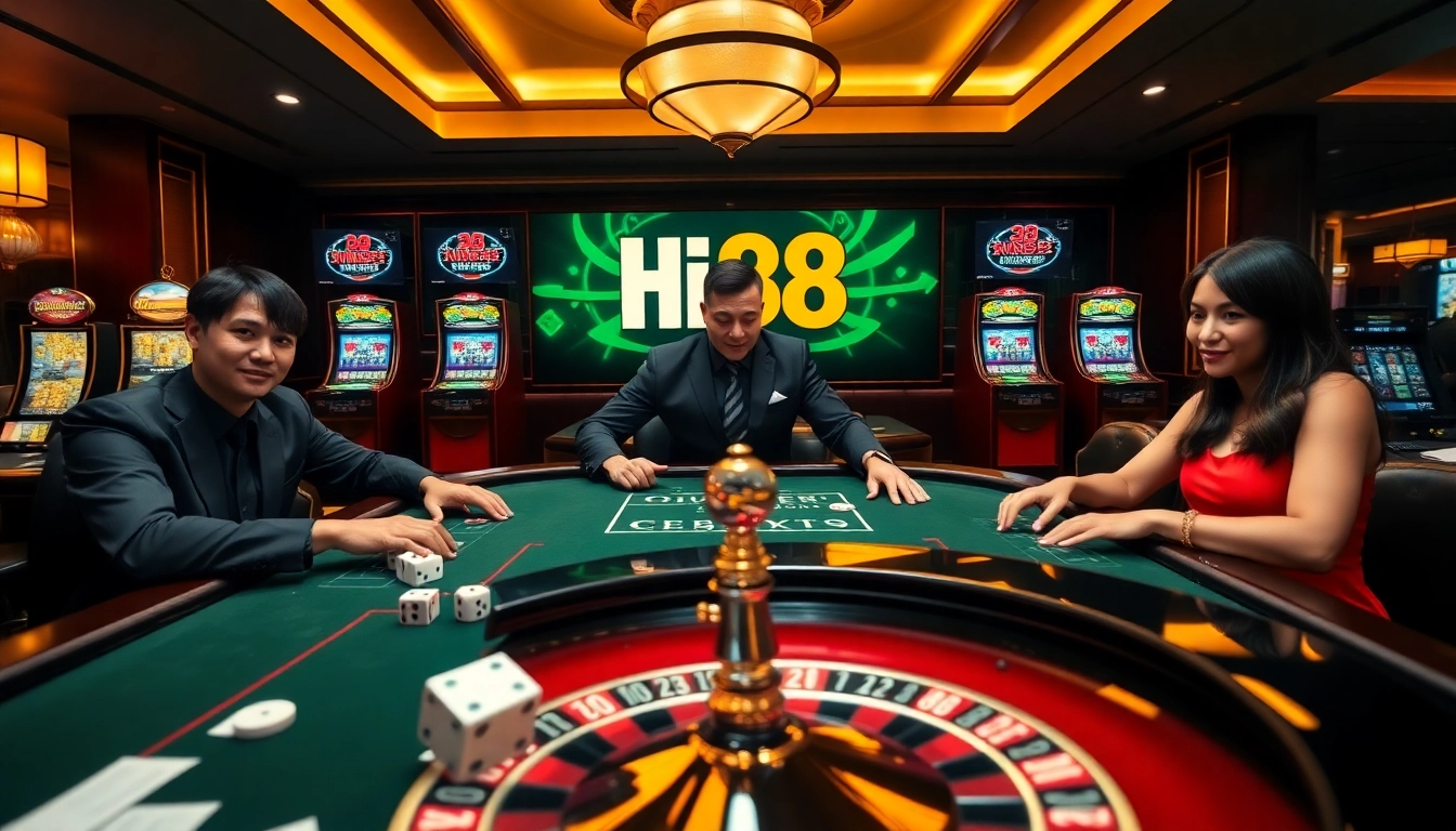 Play thrilling casino games at Hi88, showcasing vibrant tables, chips, and slot machines.