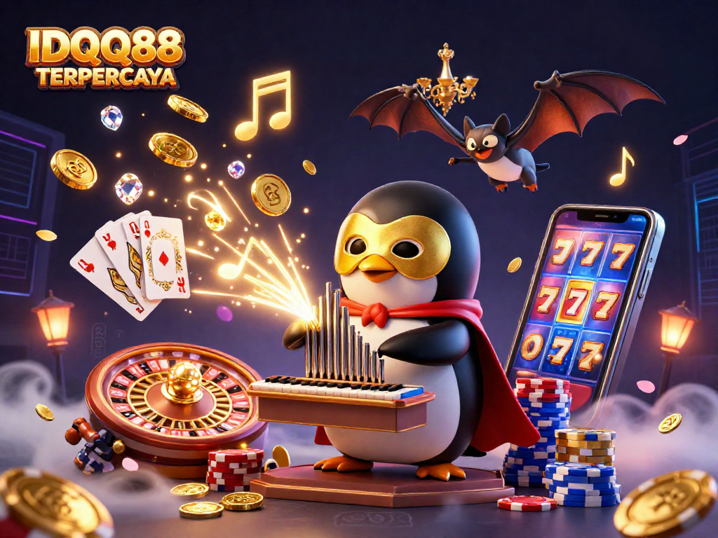 Experience the thrill of IDQQ88 TERPERCAYA with a vibrant 3D casino illustration full of action.