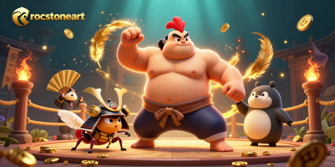 Engage in thrilling action at the rocstoneart casino with a dynamic 3D illustration featuring a sumo rooster and samurai cricket.
