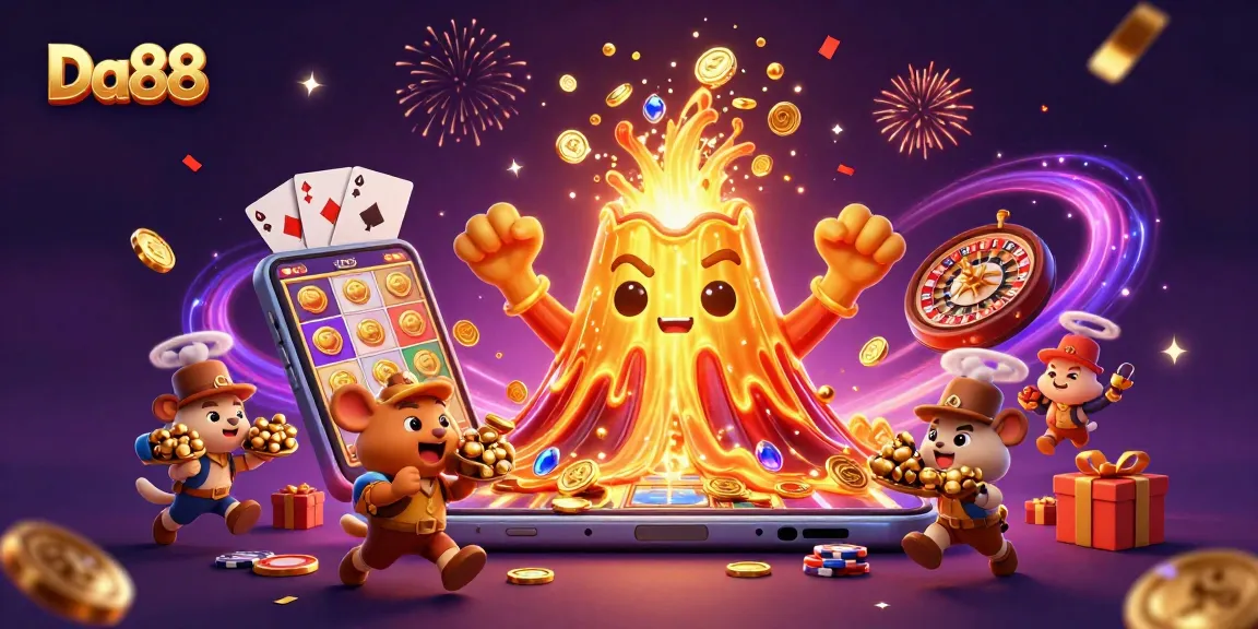 Experience the thrill of Da88 with a triumphant volcano showering treasures in this vibrant casino scene.