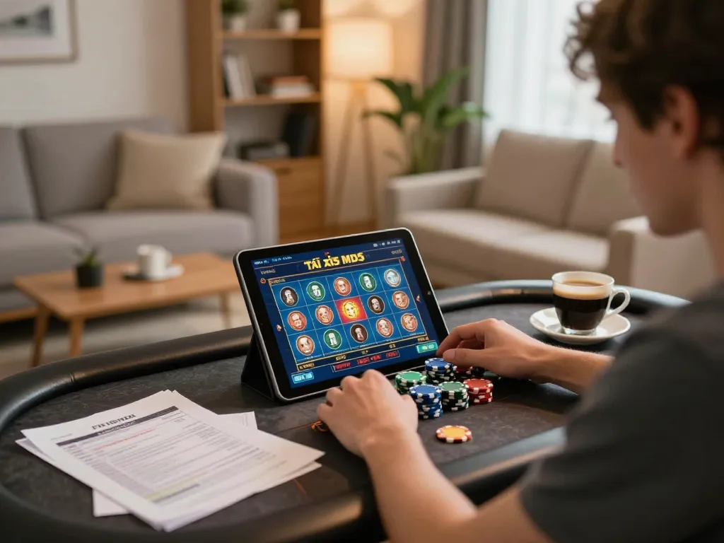 Tài xỉu MD5 gameplay displayed on a tablet, highlighting online gambling strategy setup