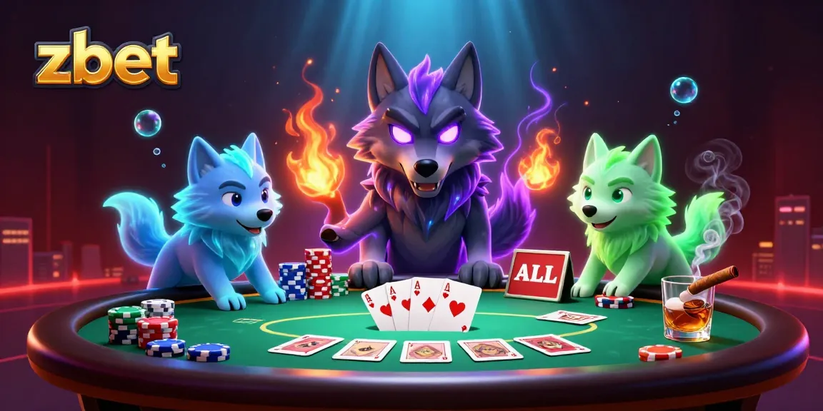 Experience the thrill of winning with zbet at a vibrant poker table surrounded by spectral wolves.