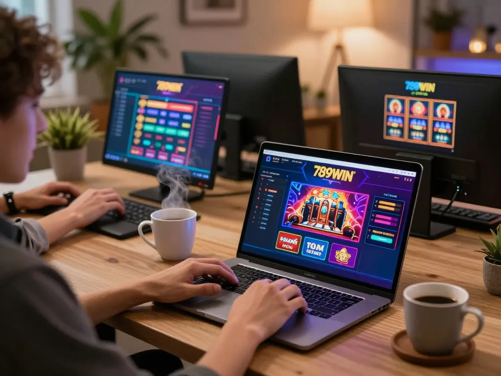 Engage with the 789WIN online casino interface displayed on a sleek laptop setup for strategic gaming.