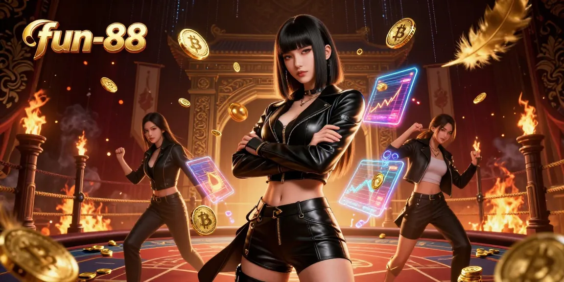 Immerse in fun-88 with an exhilarating online casino scene featuring a powerful Asian woman with Bitcoin, golden coins, and vibrant energy.