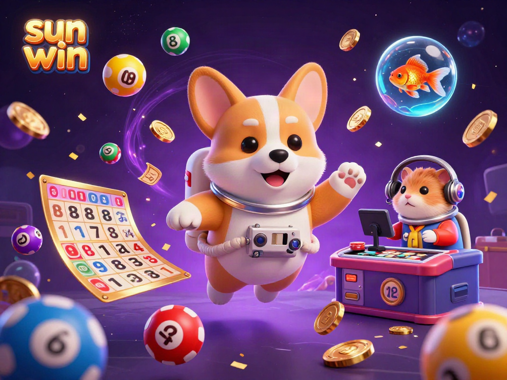 Engaging illustration of sun win casino experience with a corgi astronaut, floating elements, and vibrant game features.