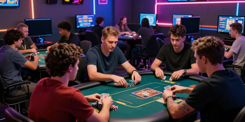 Engaged players enjoying card games at Hitclub's vibrant gaming lounge.