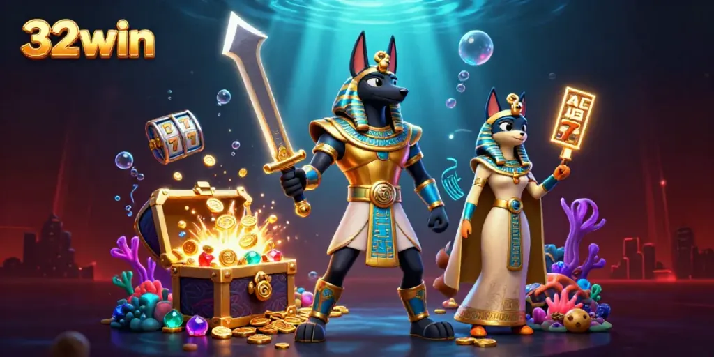 Engage in thrilling gameplay with vibrant 32win casino characters and slot elements in an Egyptian-themed setting.