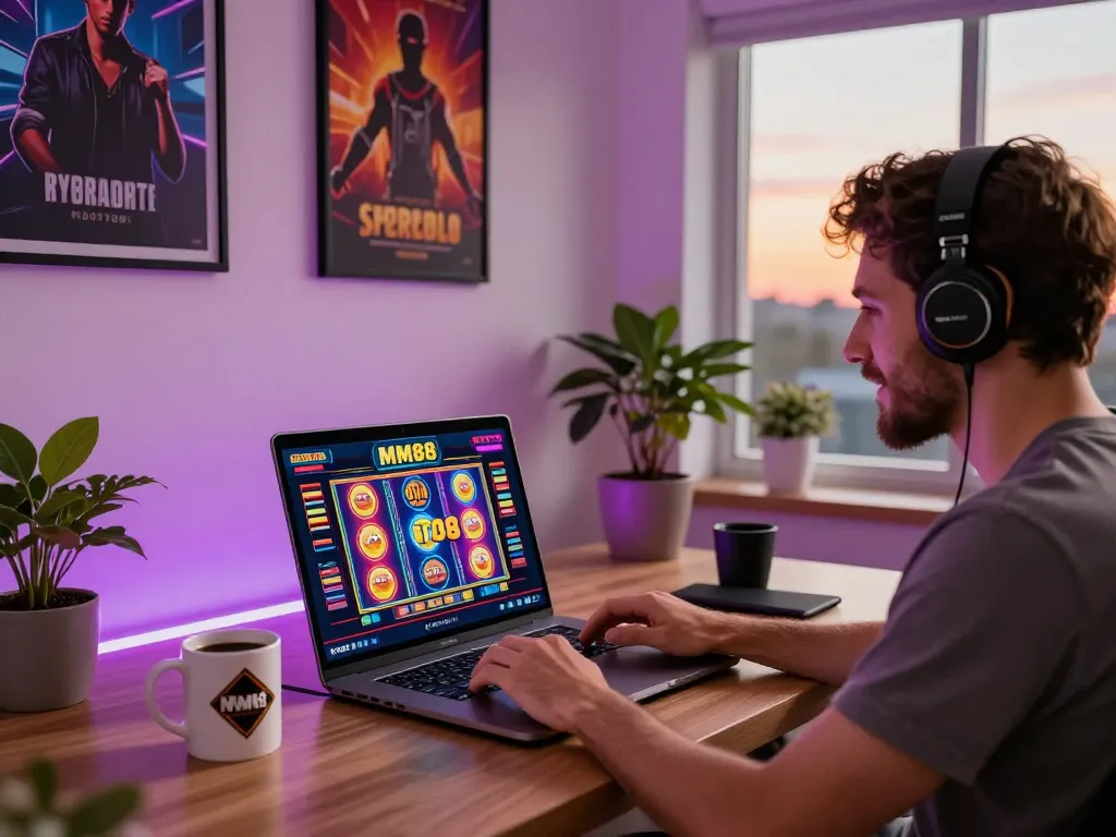 Engaged player enjoying MM88 online gaming experience in a stylish home office.