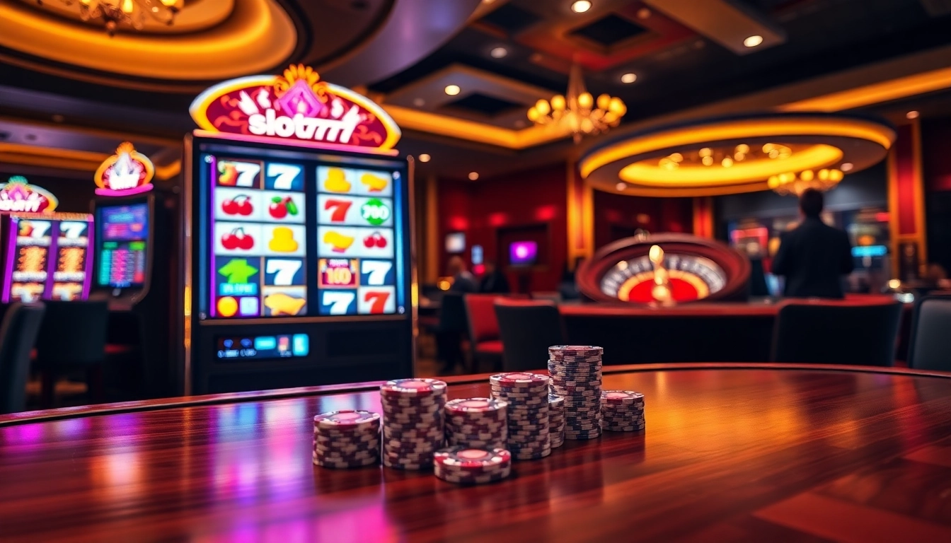 Winning excitement at the slot777 casino with colorful slot machines and poker chips.