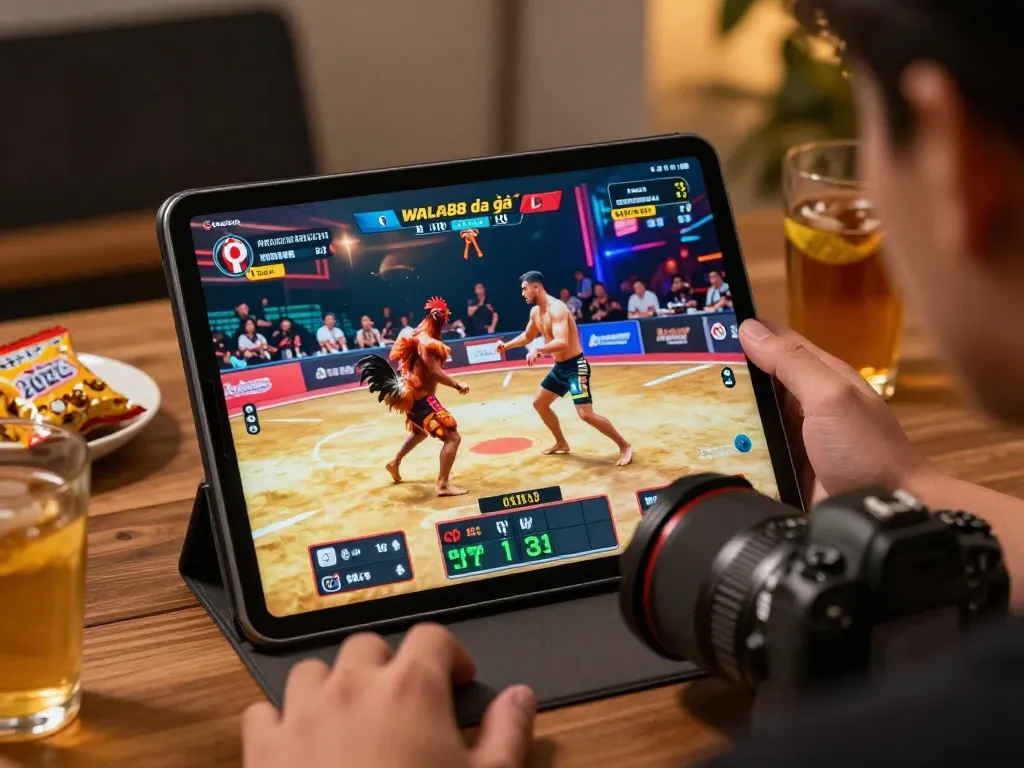 Engaging in WALA88 đá gà live streaming with exciting gameplay on tablet, showcasing immersive online betting.
