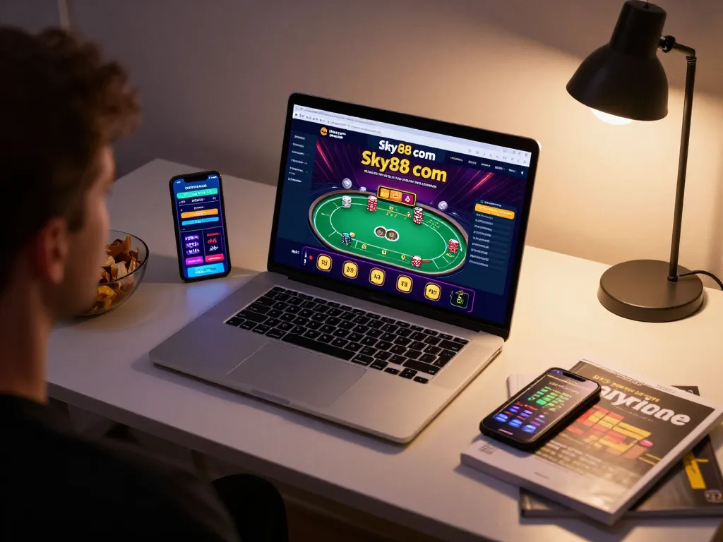 Engage with thrilling games at sky88 com in a cozy online gaming setup featuring a laptop and smartphone