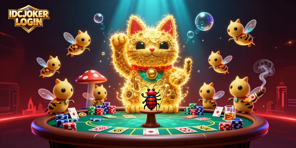 IDCJOKER LOGIN showcases a joyful lucky cat and vibrant casino elements, enhancing the gaming experience.