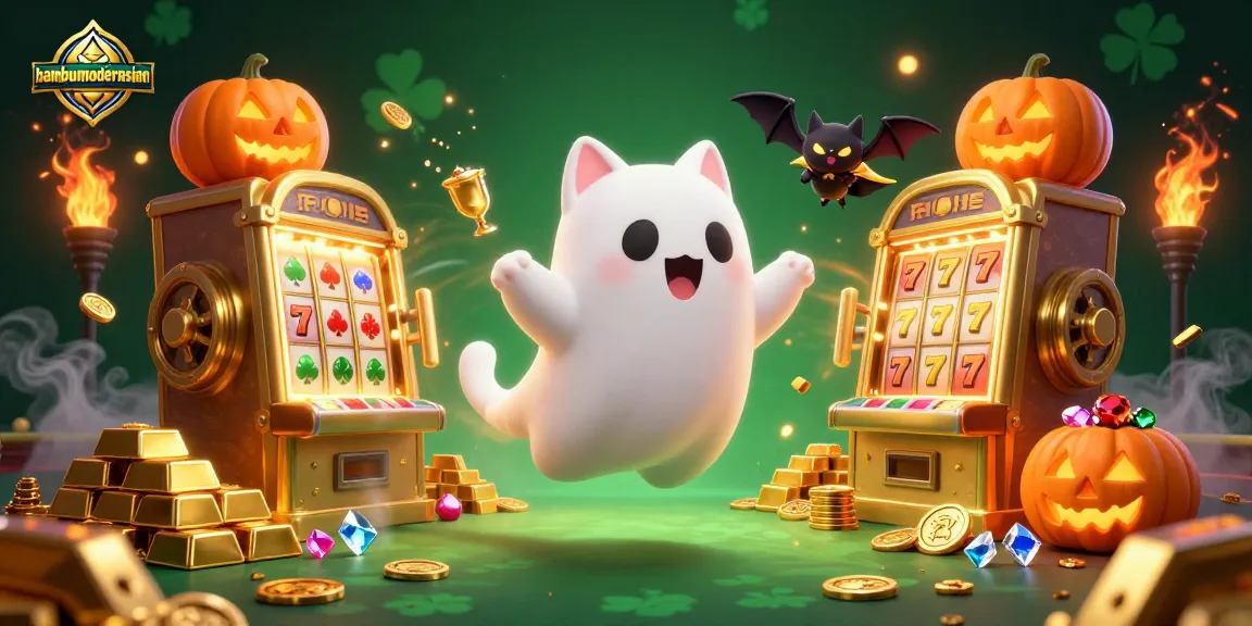 Bambumodernasian's animated casino scene showcases a floating ghost cat, vampire bat, and glowing elements for an engaging experience.