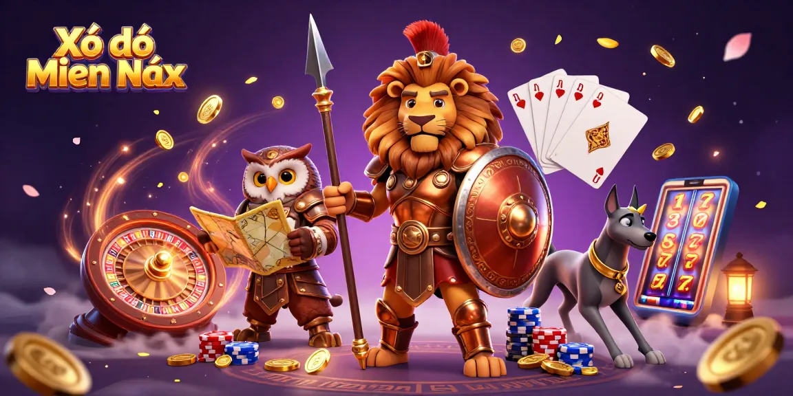 Xổ số miền Bắc showcases an epic scene with a decorated Spartan lion and golden symbols of luck.