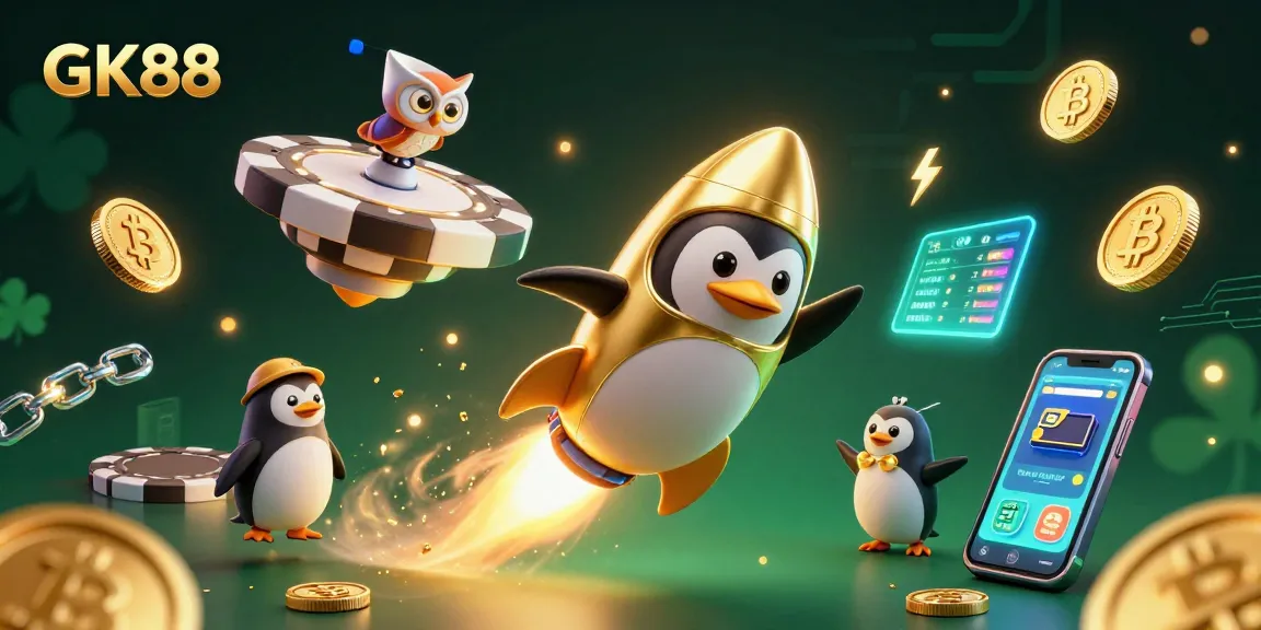 Engage in thrilling gameplay at GK88 with a golden penguin racing toward a casino space station.