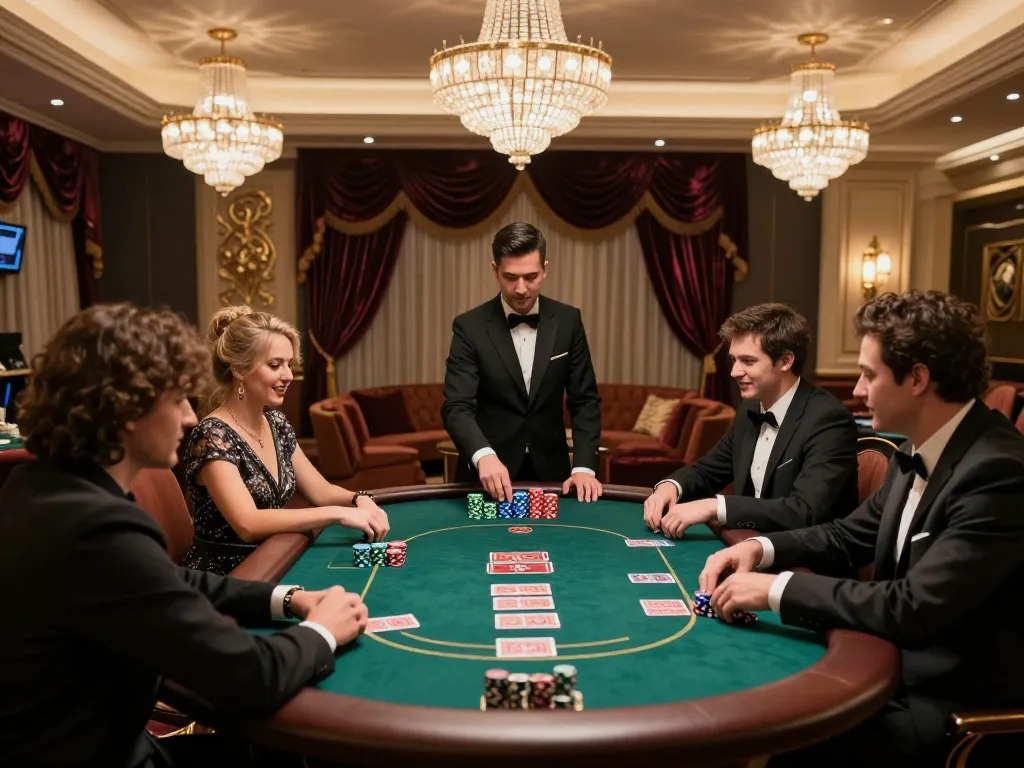 Players engaging in high-stakes poker at an elegant VIP table in a luxury casino, exploring tr88.com.