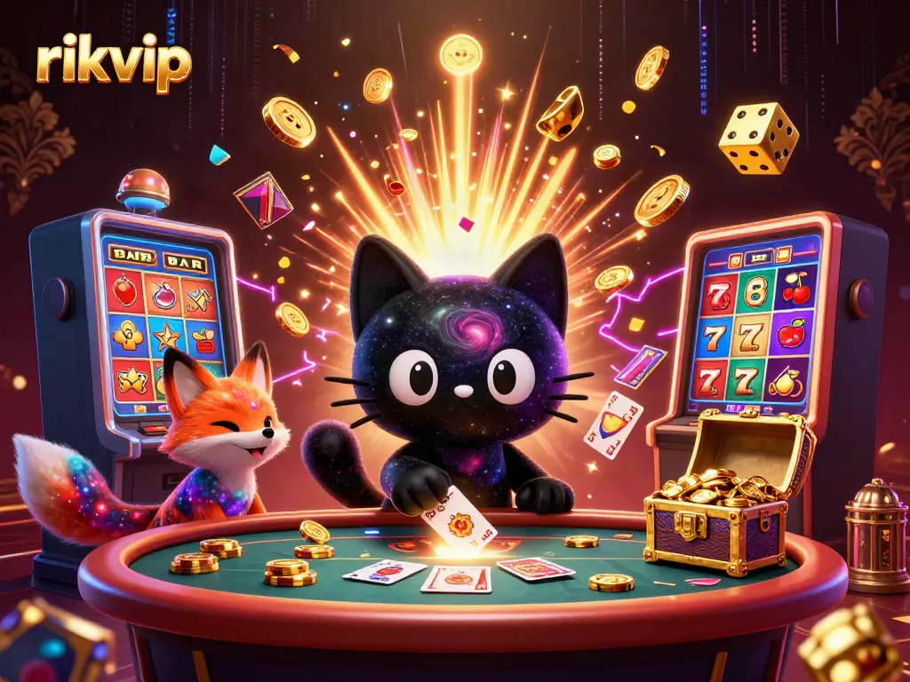Engaging scene of rikvip's cosmic casino with a black hole cat and a nebula fox gaming together.