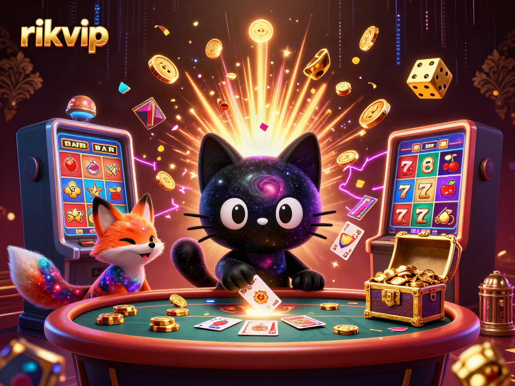 Engaging scene of rikvip's cosmic casino with a black hole cat and a nebula fox gaming together.