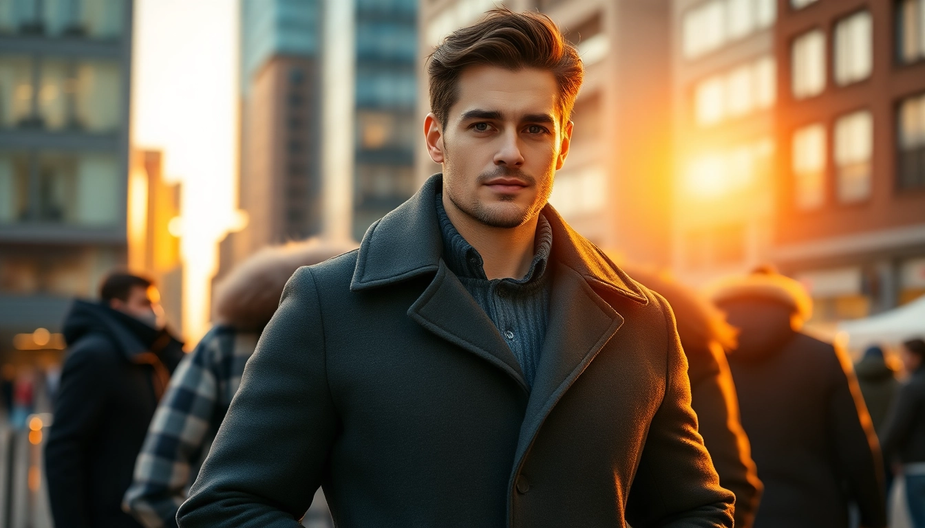 Showcasing stylish winter coats men in an urban setting during golden hour light.