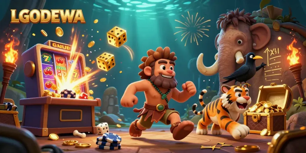 Experience the excitement of LGODEWA at a vibrant prehistoric casino with unique characters and thrilling game elements.