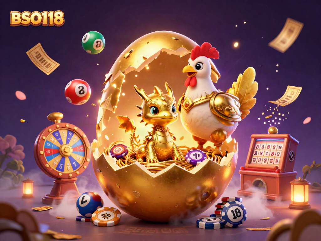 Engage in thrilling gaming at BSO118 with a vibrant 3D scene featuring a golden baby dragon, poker chips, and dynamic lottery elements.