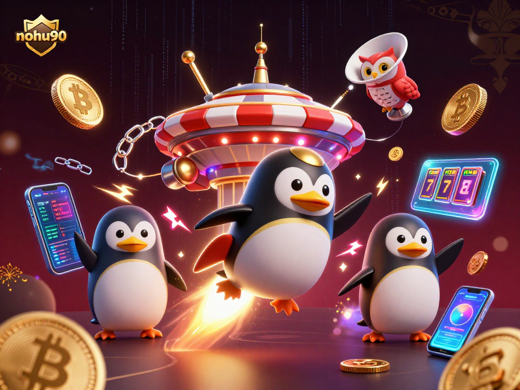 Experience thrilling gameplay with nohu90's animated golden penguin amidst casino excitement.