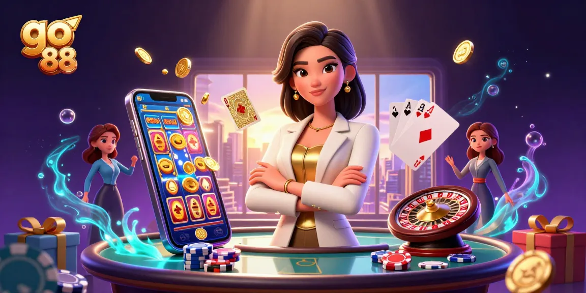 Experience thrilling gaming action with go 88 as a glamorous businesswoman showcases her skills in a vibrant casino.