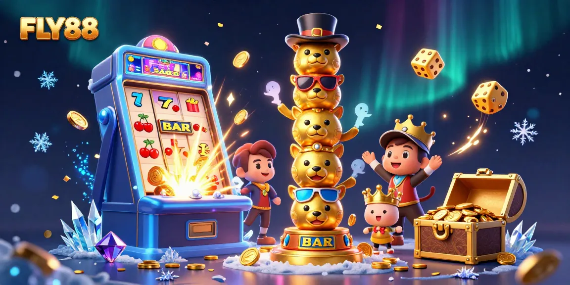 FLY88 showcases vibrant casino excitement with golden totem, dynamic slot machine, and colorful game elements.