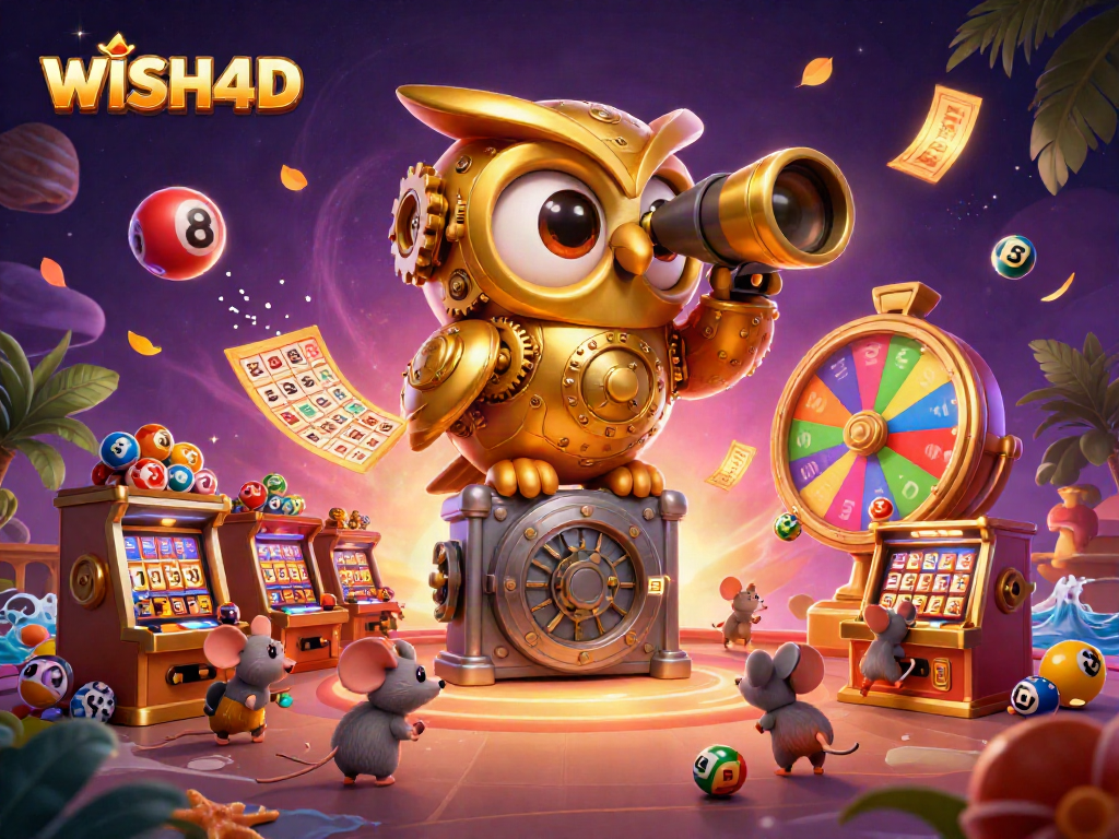 WISH4D brings top-tier excitement with a golden owl overseeing thrilling casino activities.