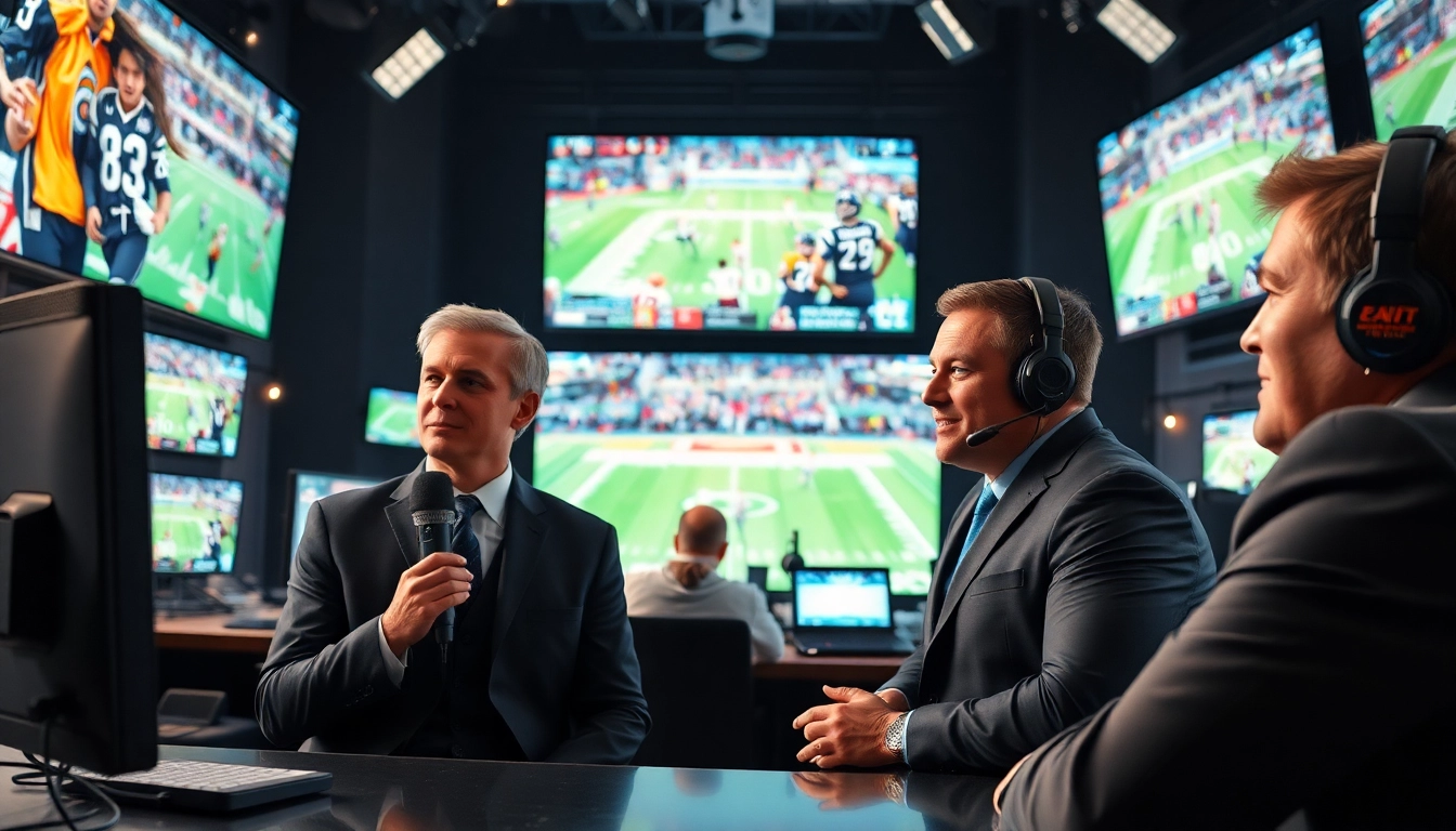 Engaging sports broadcasting professionals delivering live coverage in a vibrant studio.