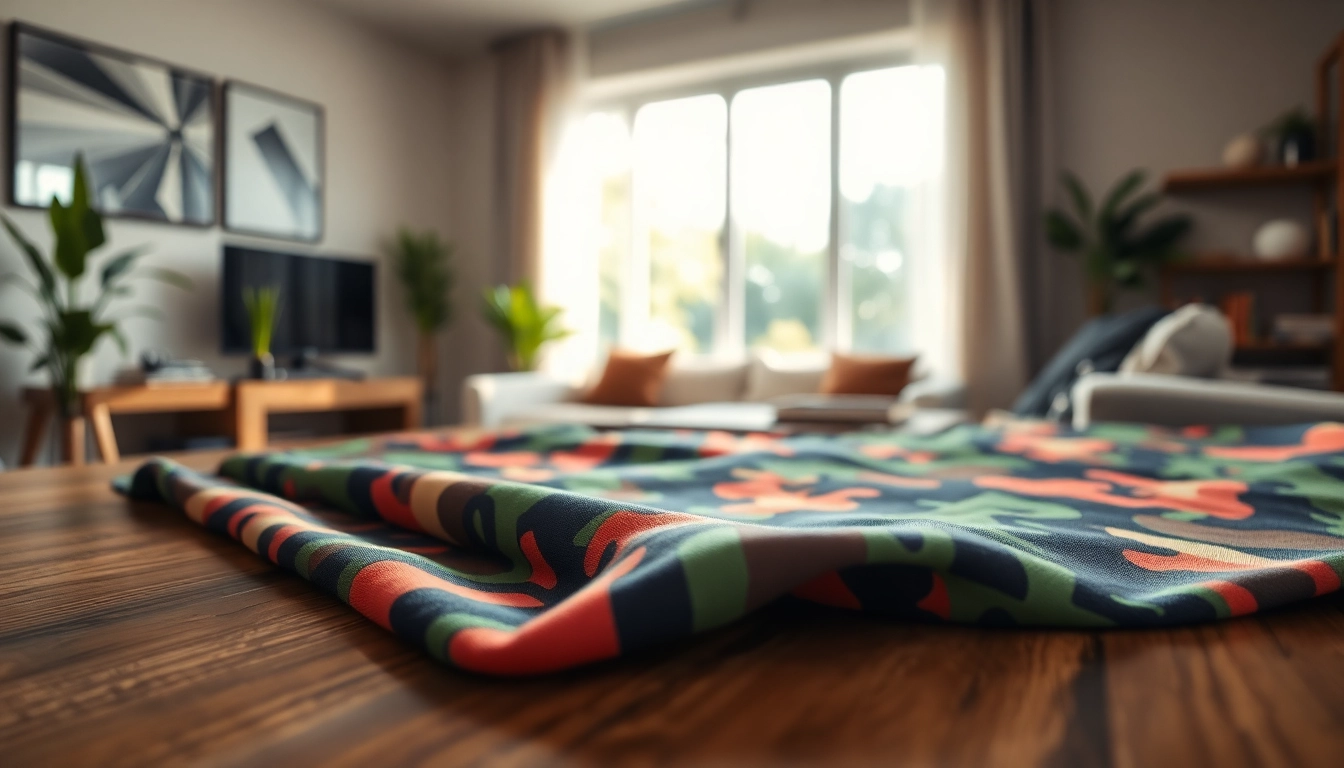 Legerprint stof met een uitzonderlijk patroon op een stijlvolle tafel.