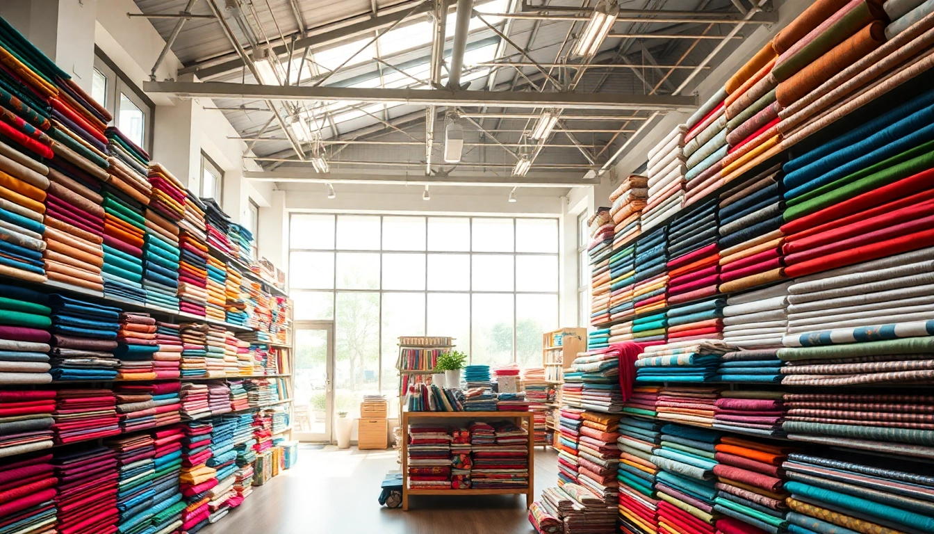 Bekijk stof kopen per meter in een kleurrijke stoffenwinkel met diverse stoffen.