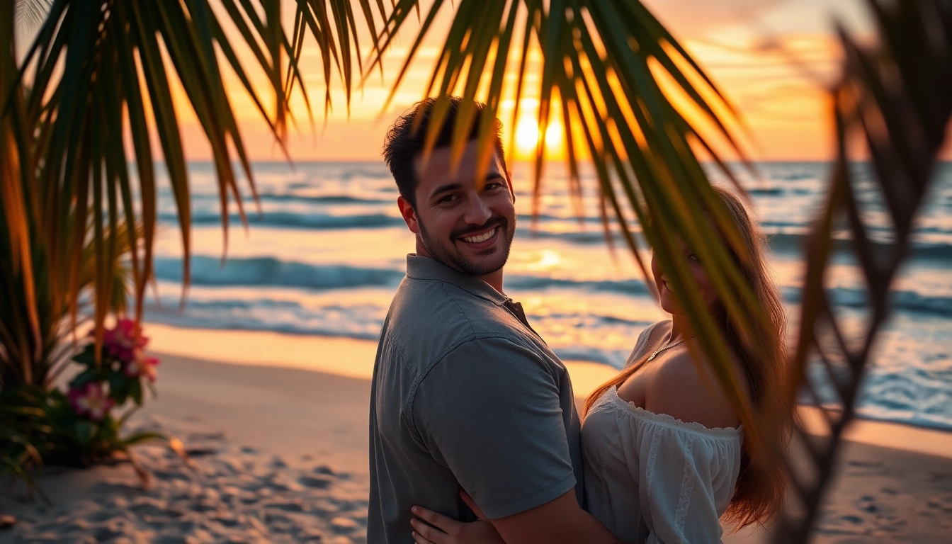 Destination photographer captures a couple's love on a beautiful beach at sunset.