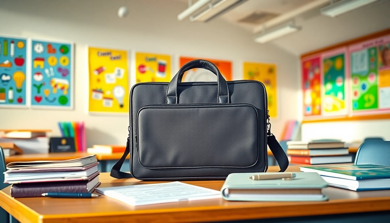 Handytasche Klassenzimmer auf einem Schreibtisch mit Schulmaterialien arrangiert.