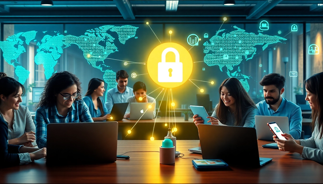 展示在多元化科技工作空间中的快速互联网连接的快连 VPN 服务。