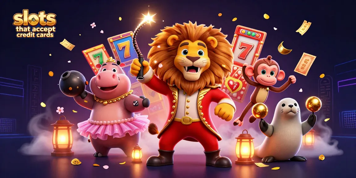Engage with slots that accept credit cards through an exciting 3D circus-themed illustration showcasing vibrant casino elements.