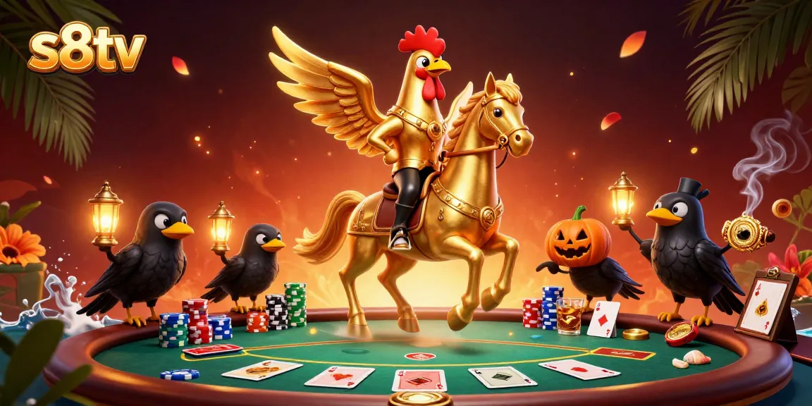 S8TV live casino illustration featuring a golden rooster and pumpkin-headed crows amid vibrant gaming elements.