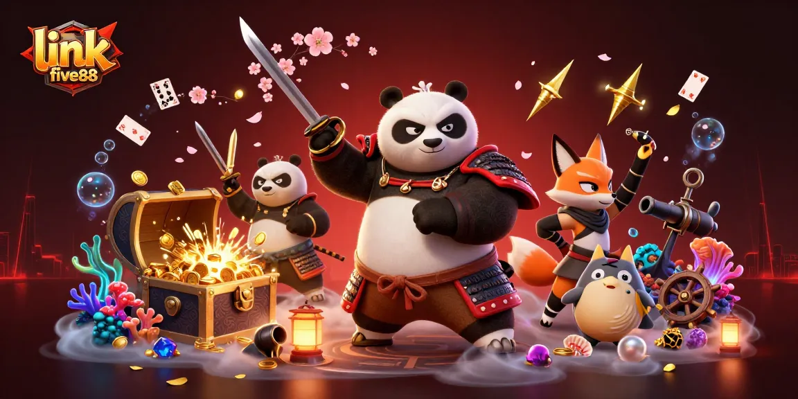 Engage in thrilling gameplay with link five88 featuring dynamic samurai panda and fox in an exciting casino setting.