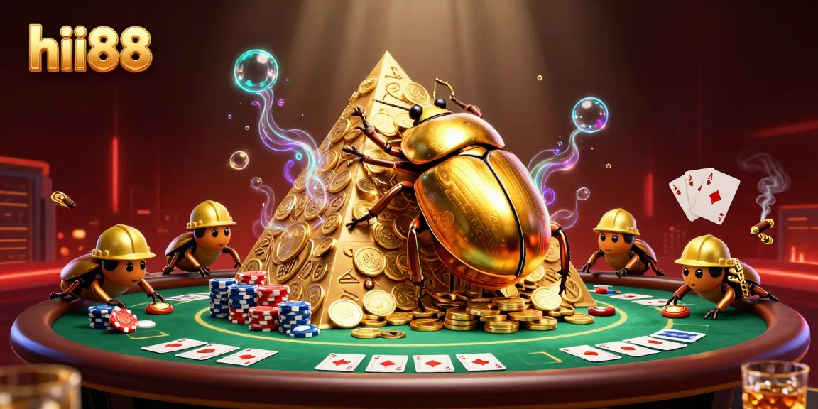hii88's dynamic casino scene with golden beetles and poker elements for immersive gameplay