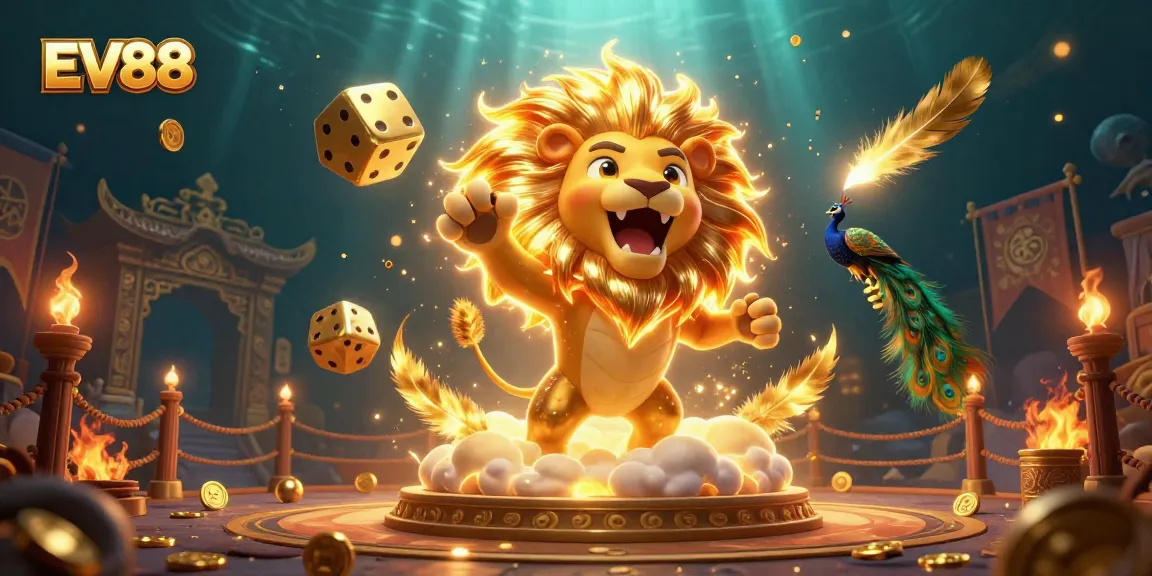 Experience thrilling wins with EV88 as golden dice and a roaring lion create a vibrant casino scene.
